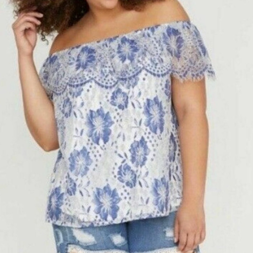 Lane Bryant Blue and White Off-the-Shoulder Lace Blouse